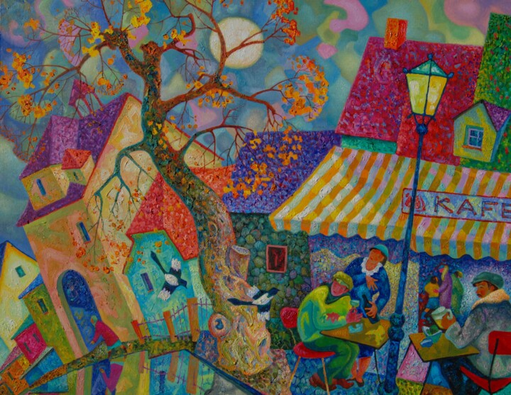 Schilderij getiteld "Кафе в Старом Марца…" door Michail Tschernjavski, Origineel Kunstwerk, Olie