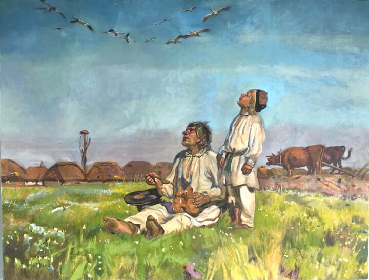 Painting titled "„Bociany” Chełmońsk…" by Michał Wojtysiak, Original Artwork, Acrylic