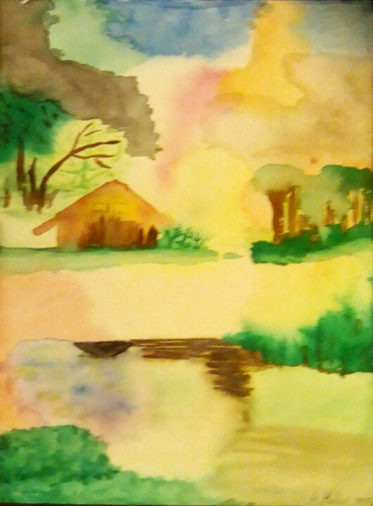Malerei mit dem Titel "Haus am See" von Michael Meles, Original-Kunstwerk, Aquarell