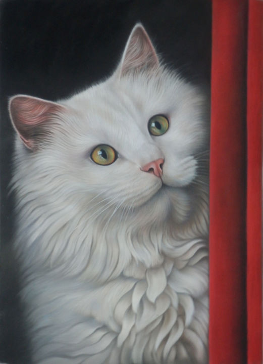 Painting titled "Mica, le Chat blanc" by Christian Michaut, Original Artwork