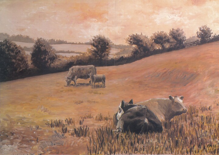 Schilderij getiteld "Pastures" door Micheal O Muirthile, Origineel Kunstwerk, Olie Gemonteerd op Frame voor houten brancard