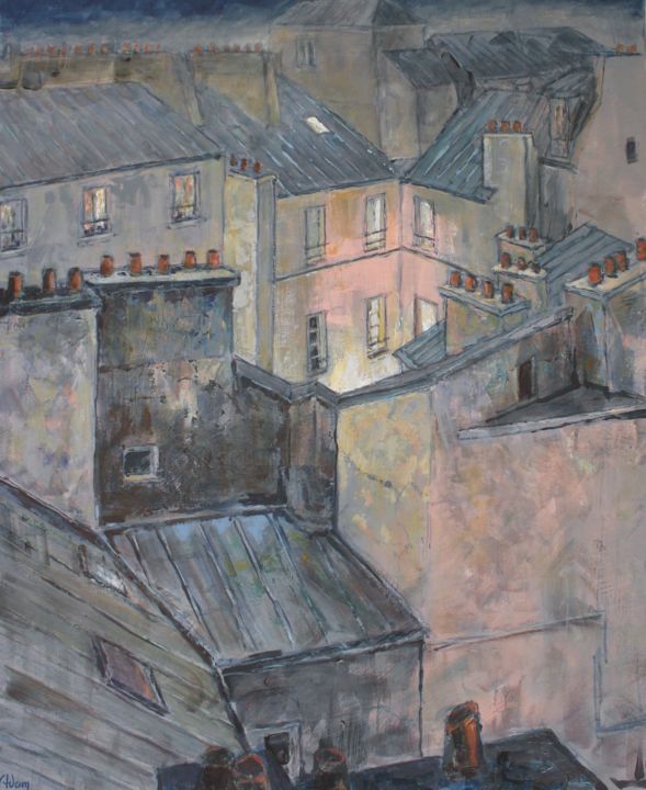 Peinture intitulée "La P'tite Cour" par Michel Adam, Œuvre d'art originale, Acrylique