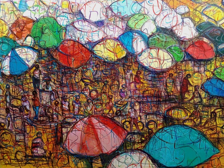 "Couleurs  du marché" başlıklı Tablo Michel Bertrand Atou Onana (Atouloo) tarafından, Orijinal sanat, Akrilik