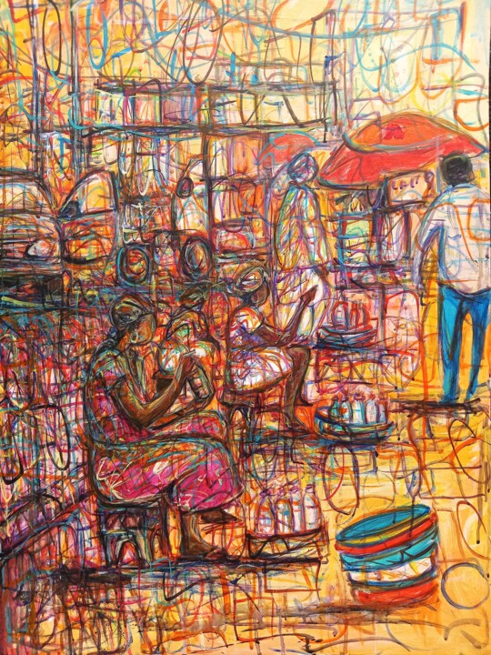 Peinture intitulée "Les vendeuses de ca…" par Michel Bertrand Atou Onana (Atouloo), Œuvre d'art originale, Acrylique Monté s…