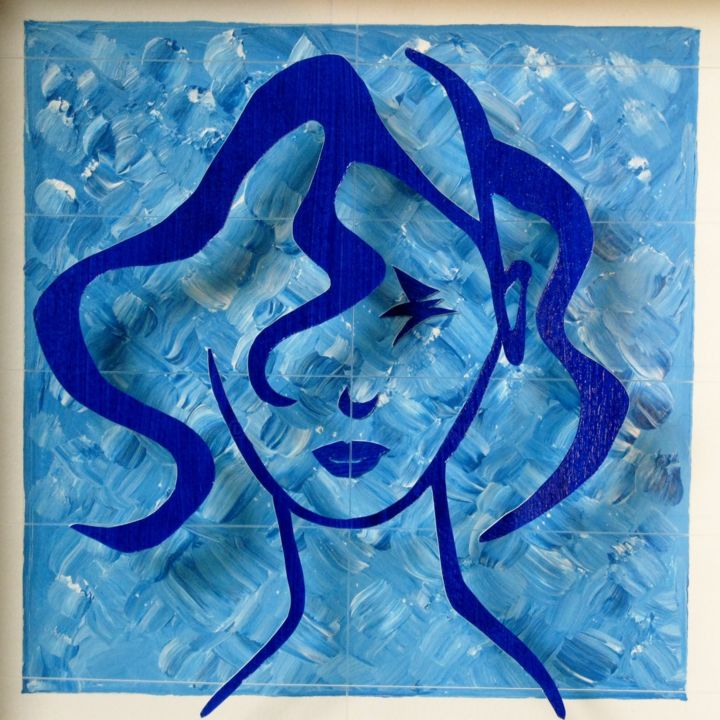 Pintura titulada "Portrait bleu" por Michel Castanier, Obra de arte original, Collages Montado en Cartulina