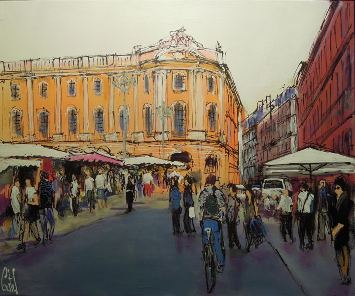 Peinture intitulée "Toulouse, Place du…" par Michel Castel, Œuvre d'art originale, Acrylique