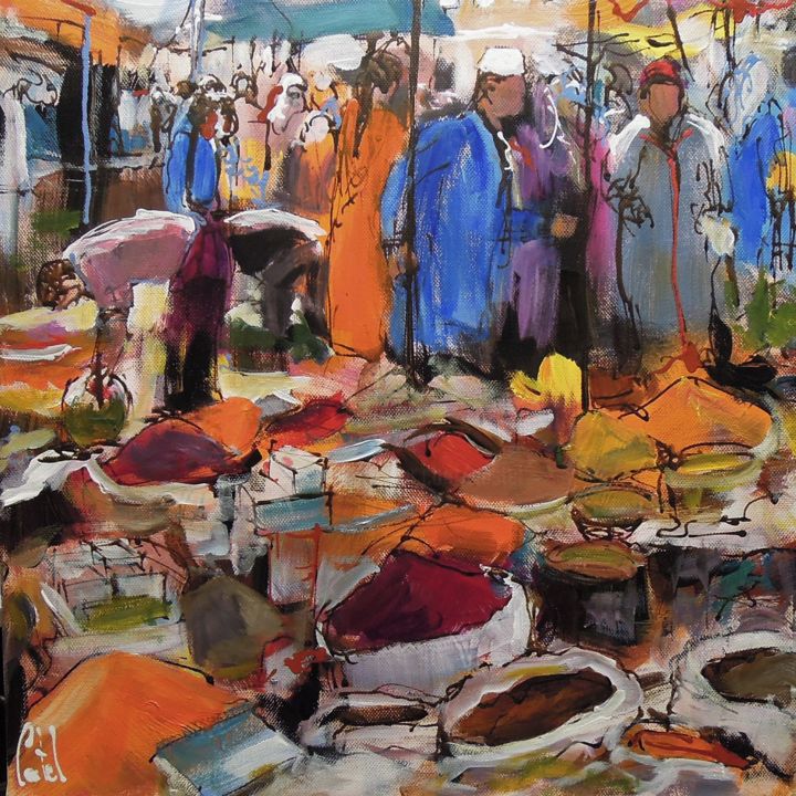 Painting titled "Souk à Agadir" by Michel Castel, Original Artwork, Acrylic