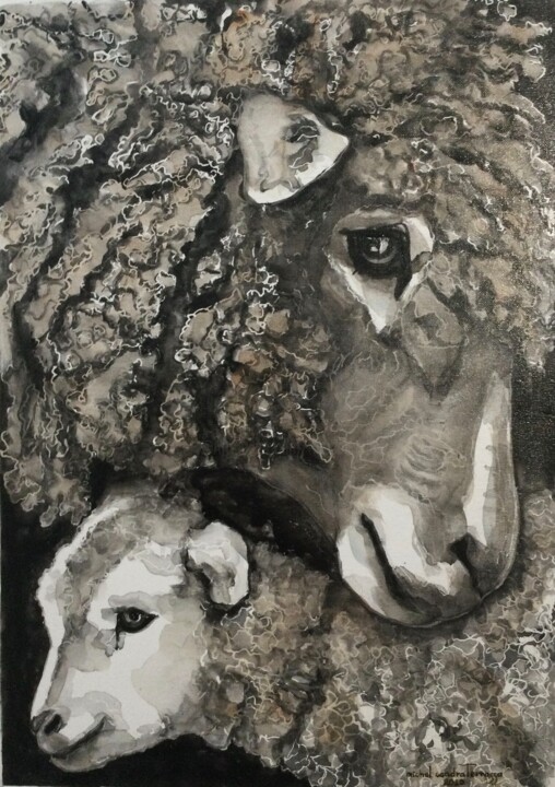 Peinture intitulée "MATERNITE OVINE" par Michel Cendra-Terrassa, Œuvre d'art originale, Aquarelle