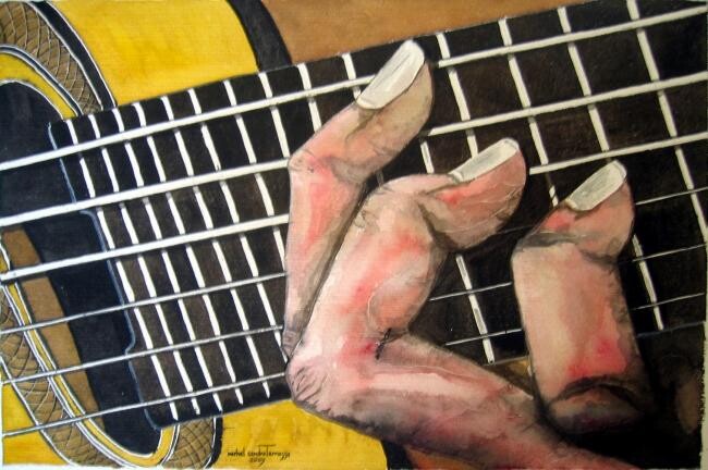 Painting titled "GUITARE...MAIN GAUC…" by Michel Cendra-Terrassa, Original Artwork