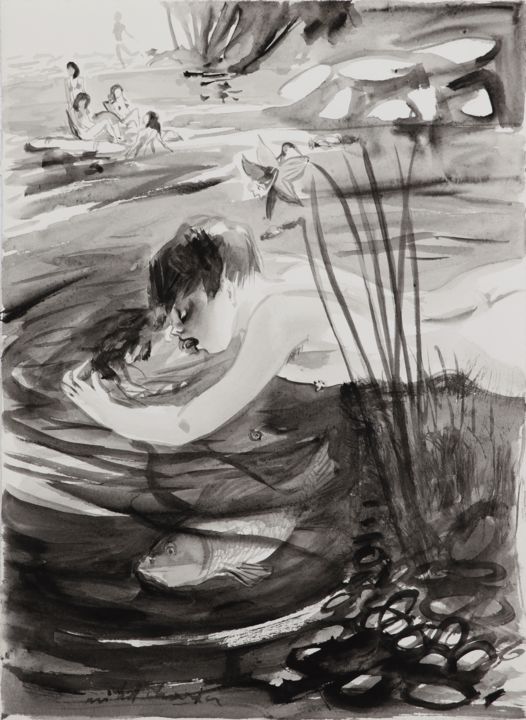 Malerei mit dem Titel "Narcisse découvre s…" von Michel Charrier, Original-Kunstwerk, Tempera