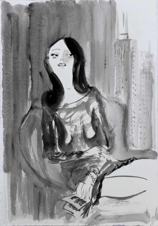 Картина под названием "Portrait de femme à…" - Michel Charrier, Подлинное произведение искусства, Темпера