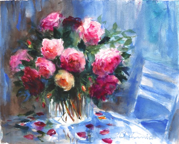 Painting titled "Bouquet de roses an…" by Michel Charrier, Original Artwork, Watercolor