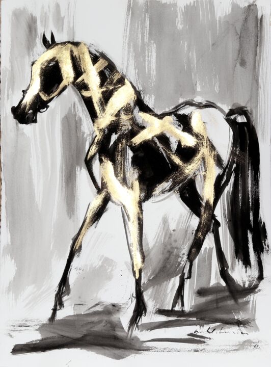 「Mon beau cheval ara…」というタイトルの絵画 Michel Charrierによって, オリジナルのアートワーク, テンペラ