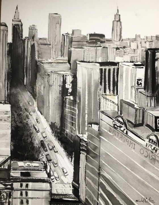 Dessin intitulée "une avenue de New Y…" par Michel Colin, Œuvre d'art originale, Encre