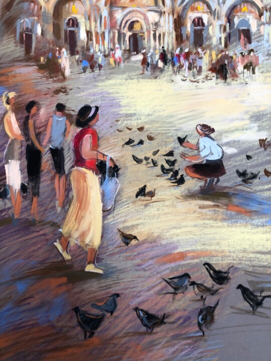 Dessin intitulée "les pigeons de St M…" par Michel Colin, Œuvre d'art originale, Pastel