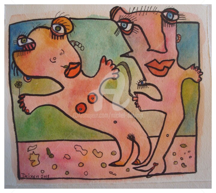 Peinture intitulée "Hula Hoop" par Michel Delvingt, Œuvre d'art originale, Aquarelle