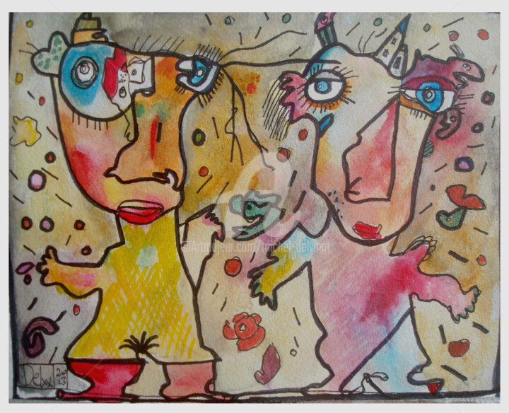 Painting titled "Couple baigné dans…" by Michel Delvingt, Original Artwork, Watercolor