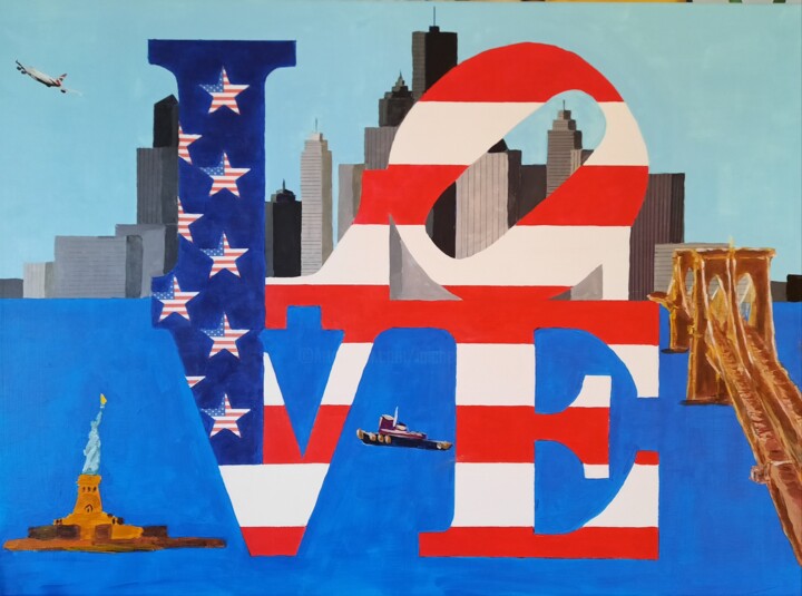 Painting titled "LOVE New York" by Michel Des Mazots, Original Artwork, Acrylic Mounted on Wood Stretcher frame