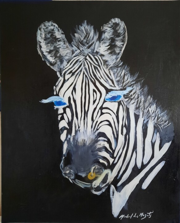 Malerei mit dem Titel "Le Zebre" von Michel Des Mazots, Original-Kunstwerk, Acryl Auf Keilrahmen aus Holz montiert