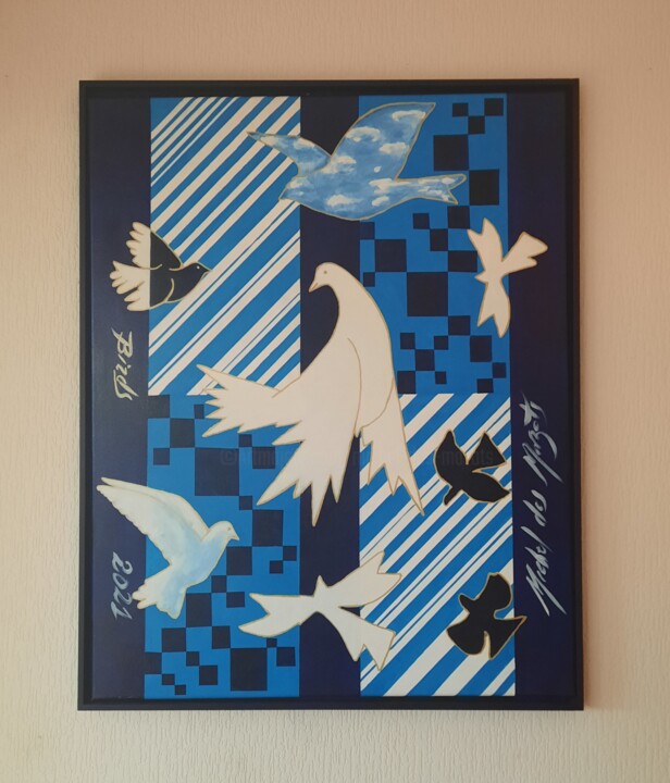 Painting titled "Birds" by Michel Des Mazots, Original Artwork, Acrylic Mounted on Wood Stretcher frame