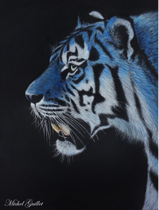Dessin intitulée "The blue Tiger..." par Michel Guillet, Œuvre d'art originale, Pastel