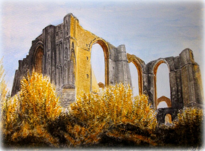 Painting titled "Abbaye des Roches T…" by Michel Guillet, Original Artwork, Watercolor