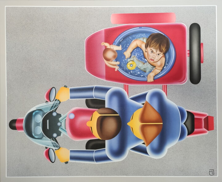 Peinture intitulée "La balade en side-c…" par Michel Jegerlehner, Œuvre d'art originale, Aérographe