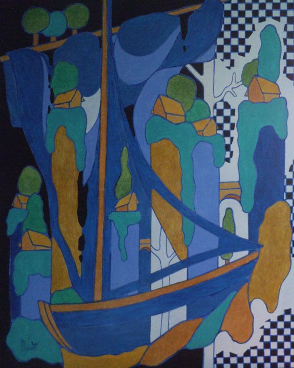 Painting titled "le bateau bleu" by Michel Marant, Original Artwork, Acrylic
