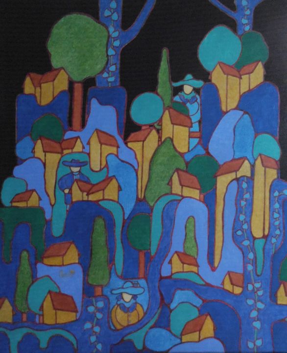 Painting titled "Village aux falaise…" by Michel Marant, Original Artwork, Acrylic Mounted on Wood Stretcher frame