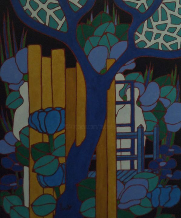 Schilderij getiteld "L'arbre au pont" door Michel Marant, Origineel Kunstwerk, Acryl