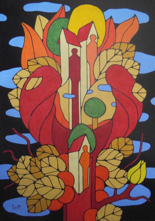 Картина под названием "Eclosion d'un villa…" - Michel Marant, Подлинное произведение искусства, Акрил Установлен на Деревянн…