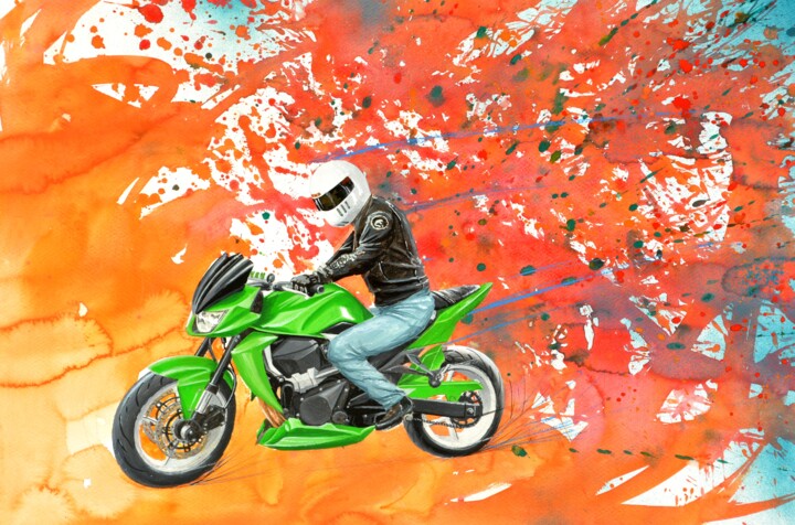 Картина под названием "KAWAZAKI Z 750 cour…" - Michel Michaux, Подлинное произведение искусства, Масло