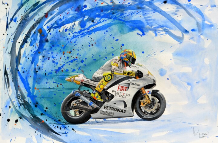 Painting titled "VALENTINO ROSSI 2." by Michel Michaux, Original Artwork, Gouache