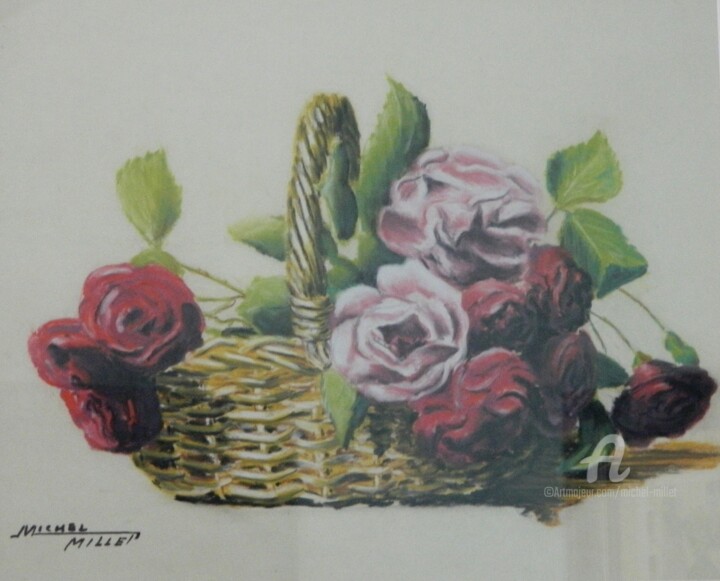 Drawing titled "Le panier de roses." by Michel Millet, Original Artwork, Pastel