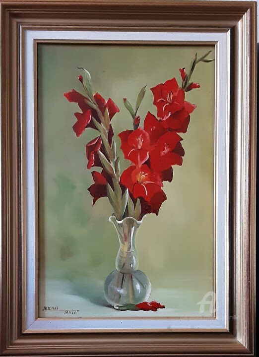 Painting titled "Bouquet de glaieuls" by Michel Millet, Original Artwork, Oil Mounted on Wood Stretcher frame