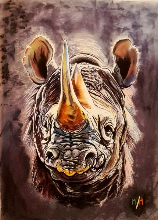 Zeichnungen mit dem Titel "le rino" von Michel Moreau, Original-Kunstwerk, Pastell Auf artwork_cat. montiert