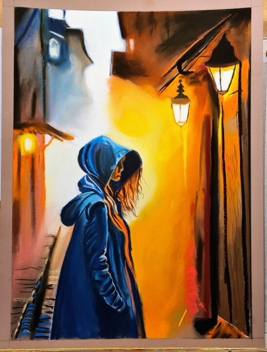 Dessin intitulée "nuit pluvieuse" par Michel Moreau, Œuvre d'art originale, Pastel Monté sur Châssis en bois