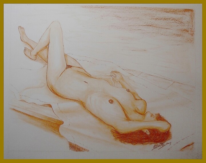 Dessin intitulée "nu au bord de la pi…" par Michel Moutte, Œuvre d'art originale, Crayon