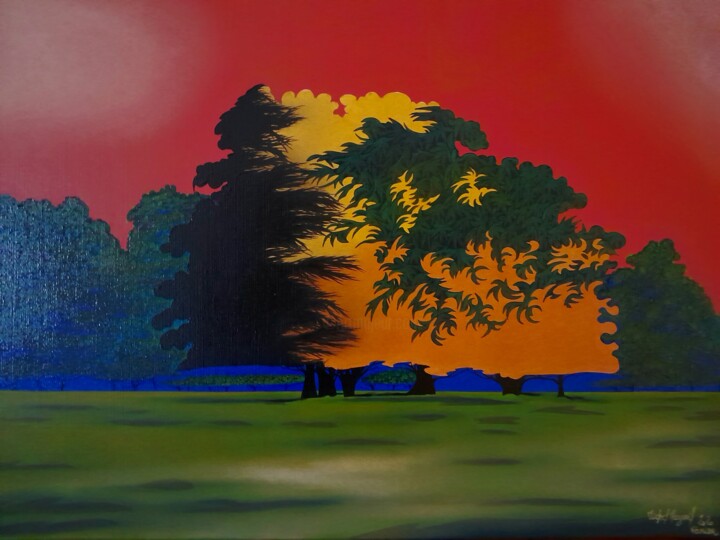 Картина под названием "forêt rouge" - Michel Pezeril, Подлинное произведение искусства, Масло