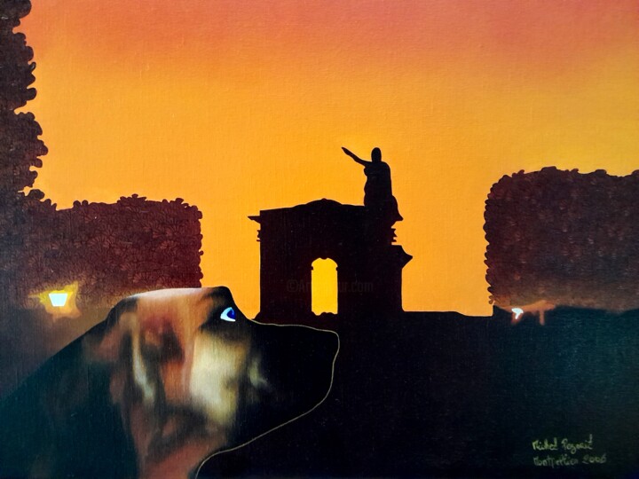 Painting titled "le chien du Peyrou…" by Michel Pezeril, Original Artwork, Oil Mounted on Wood Stretcher frame