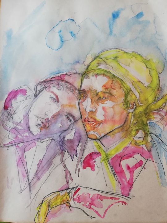 Peinture intitulée "amies,amis,amitié,a…" par Michel Pitxu, Œuvre d'art originale, Aquarelle