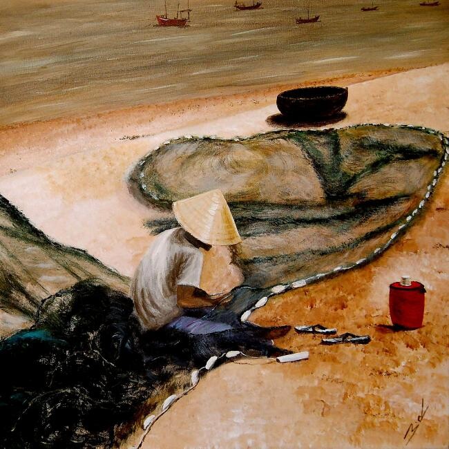 Peinture intitulée "Le filet du pêcheur" par Michel Roubenne, Œuvre d'art originale