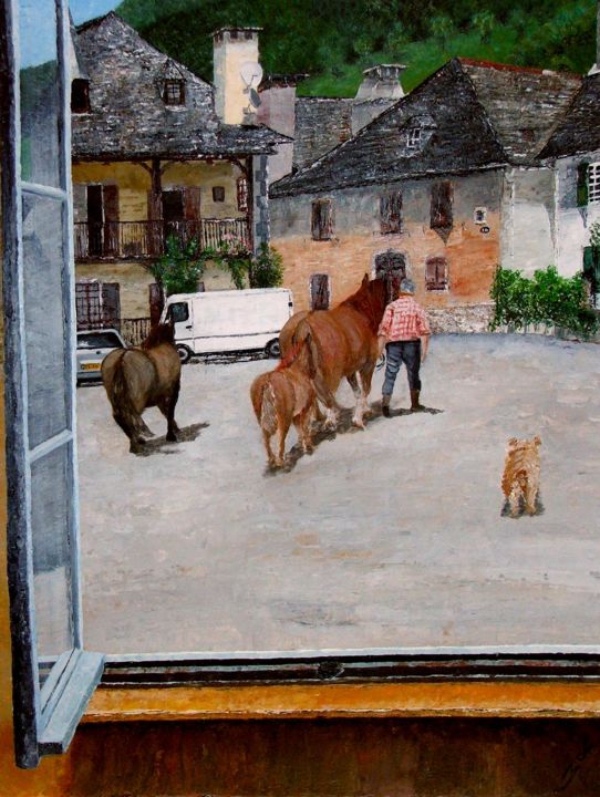 Peinture intitulée "scene-de-vie-place-…" par Michel Roubenne, Œuvre d'art originale, Acrylique