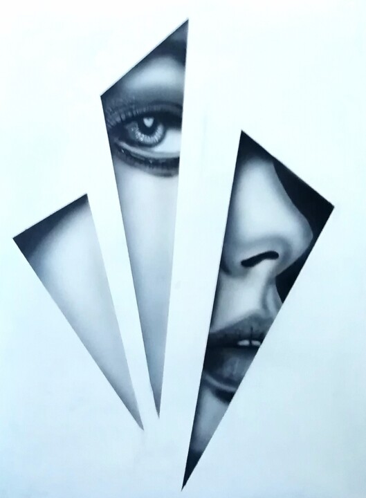 Schilderij getiteld "Triangulation" door Michel Ruelle (Aéro), Origineel Kunstwerk, Acryl Gemonteerd op Frame voor houten br…