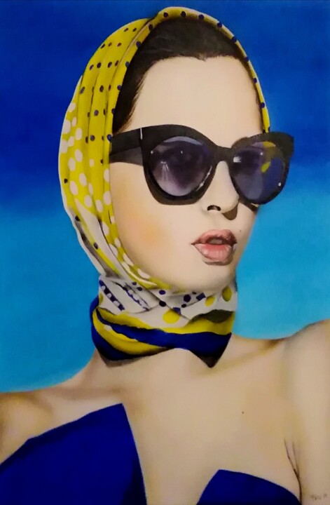 Schilderij getiteld "Femme au foulard" door Michel Ruelle (Aéro), Origineel Kunstwerk, Acryl Gemonteerd op Frame voor houten…