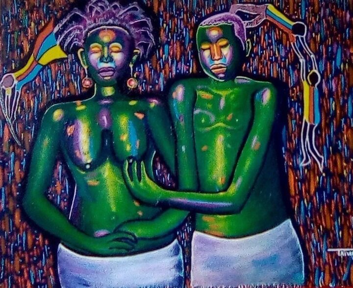 Peinture intitulée "Caresse en or" par Michel Taiwo, Œuvre d'art originale, Acrylique