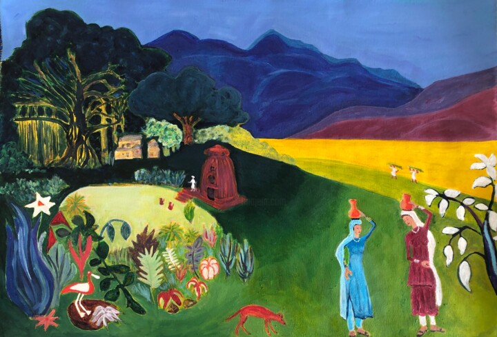 Pittura intitolato "Rural India, ladies…" da Michel Testard, Opera d'arte originale, Acrilico Montato su Pannello di legno