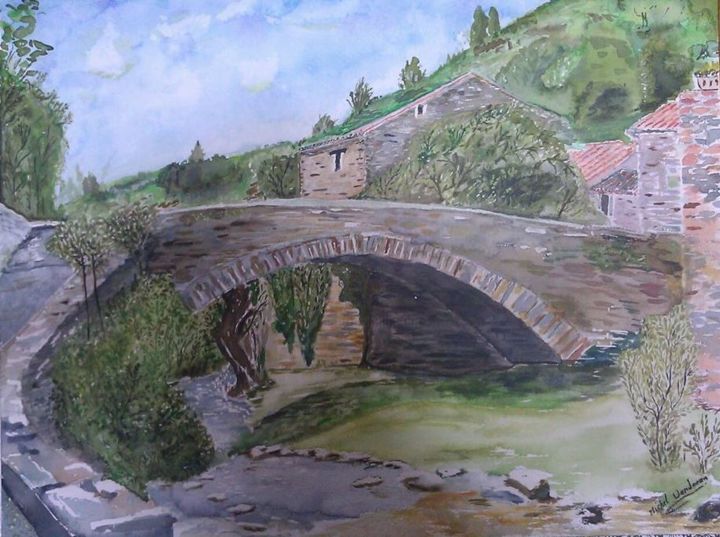 Painting titled "pont de blesles sur…" by Michel Vandoorn, Original Artwork, Watercolor