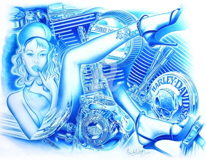 Painting titled "moto-harley-mine-bl…" by Michel Zappy, Original Artwork, Acrylic