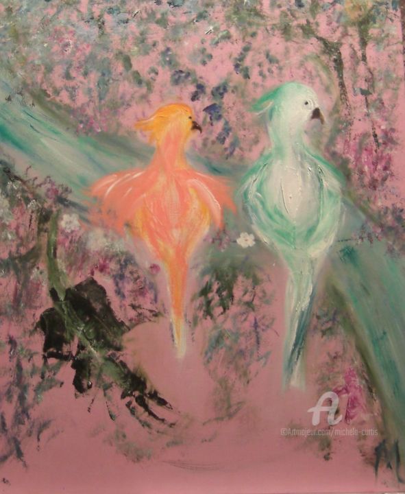 Painting titled "Pastel Parrots in A…" by Michela Curtis, Original Artwork, Oil